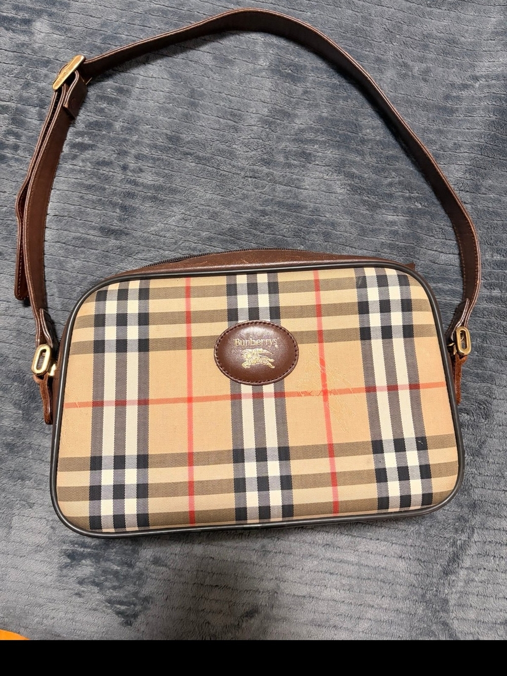 Burberry Tan Plaid Crossbody Bag with Brown Leather Trim